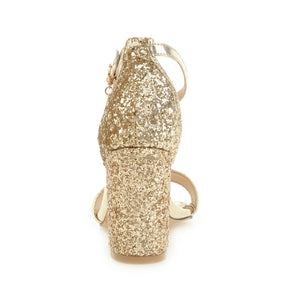 Women peep toe buckle strap pendant glitter high chunky heels