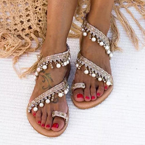 Women Beach Dressy Pearl Gold Wedding Sandals