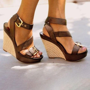 Women peep toe buckle strap high heeled wedge sandals