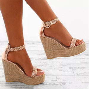 Women high heel peep toe side hollow espadrille wedge sandals
