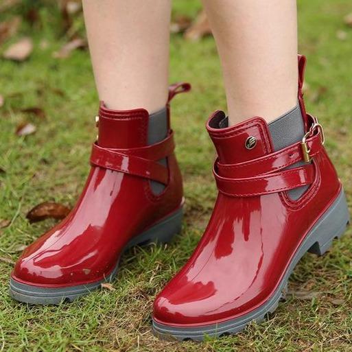 Women's fashion buckle strap short rain boots waterproof chealsea booties