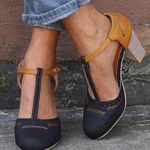 Women closed round toe t strap chunky heel ankle strap heels