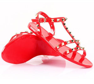 Women studded strappy summer anitskid slip on flat jelly sandals