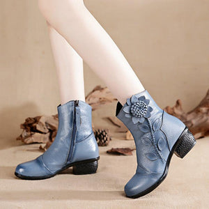 Women fashion flower  block heel ankle boots