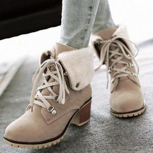 Women chunky heel faux fur short lace up boots