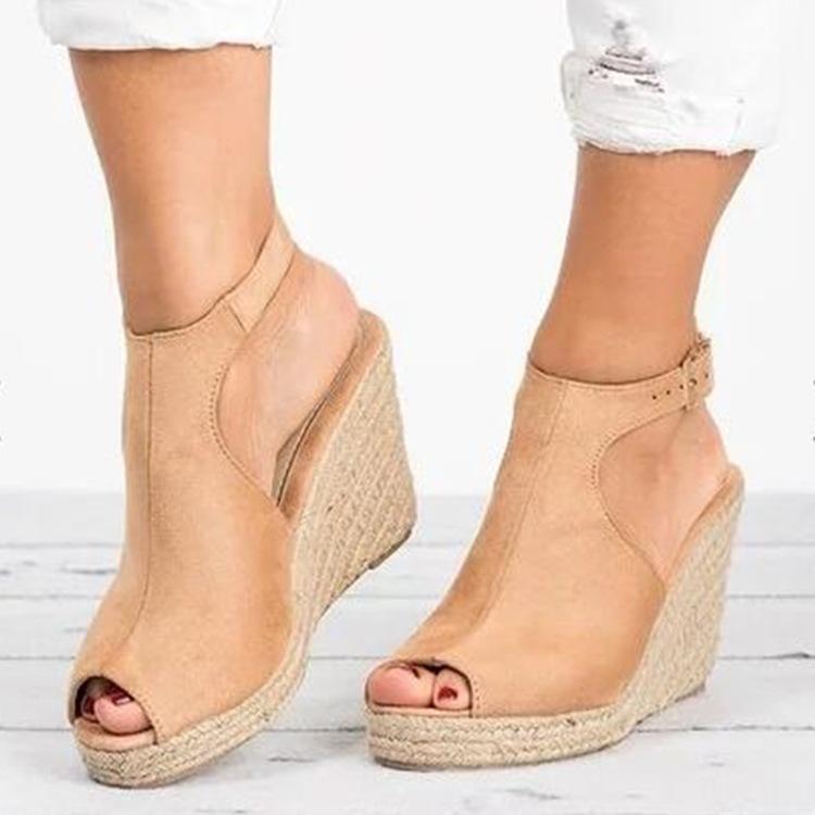 Women's peep toe espadrille platform wedge sandals with buckle strap