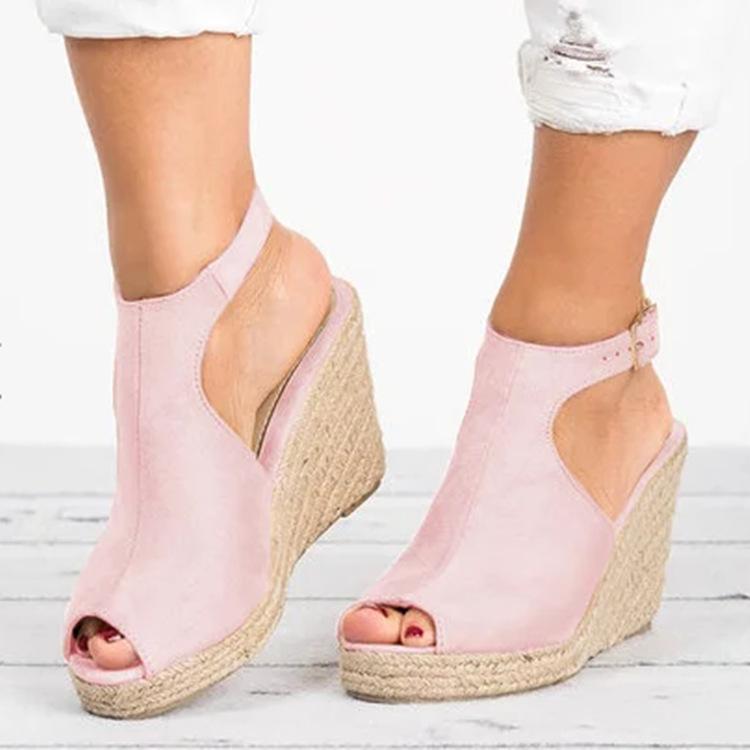 Women's peep toe espadrille platform wedge sandals with buckle strap