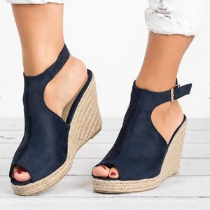Women's peep toe espadrille platform wedge sandals with buckle strap
