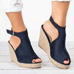 Women's peep toe espadrille platform wedge sandals with buckle strap