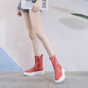 Women summer hollow breathable zipper mid calf platform boots