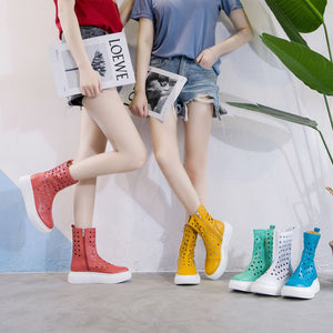 Women summer hollow breathable zipper mid calf platform boots