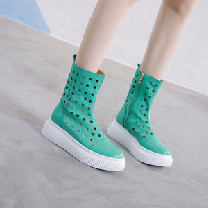 Women summer hollow breathable zipper mid calf platform boots