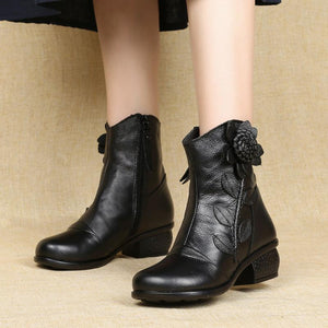 Women fashion flower  block heel ankle boots