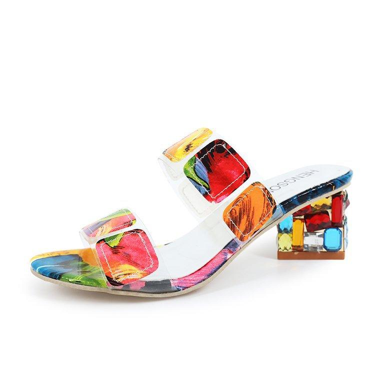 Women peep toe colorful crystal two straps heels quare chunky heel sandals