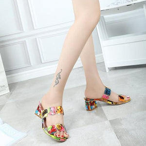 Women peep toe colorful crystal two straps heels quare chunky heel sandals