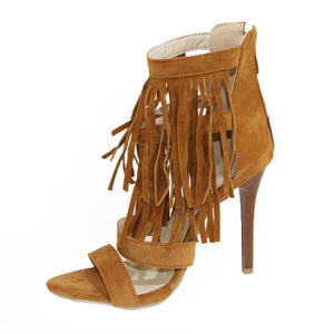 Women solid color peep toe fringe back zipper stiletto heels