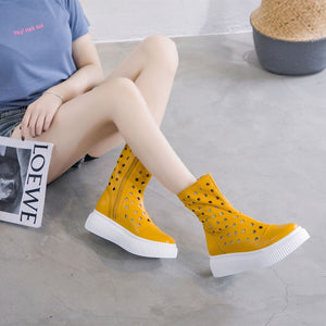 Women summer hollow breathable zipper mid calf platform boots