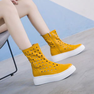 Women summer hollow breathable zipper mid calf platform boots