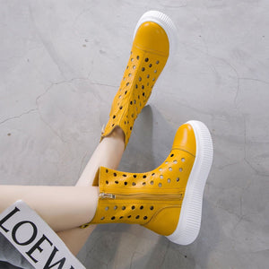 Women summer hollow breathable zipper mid calf platform boots