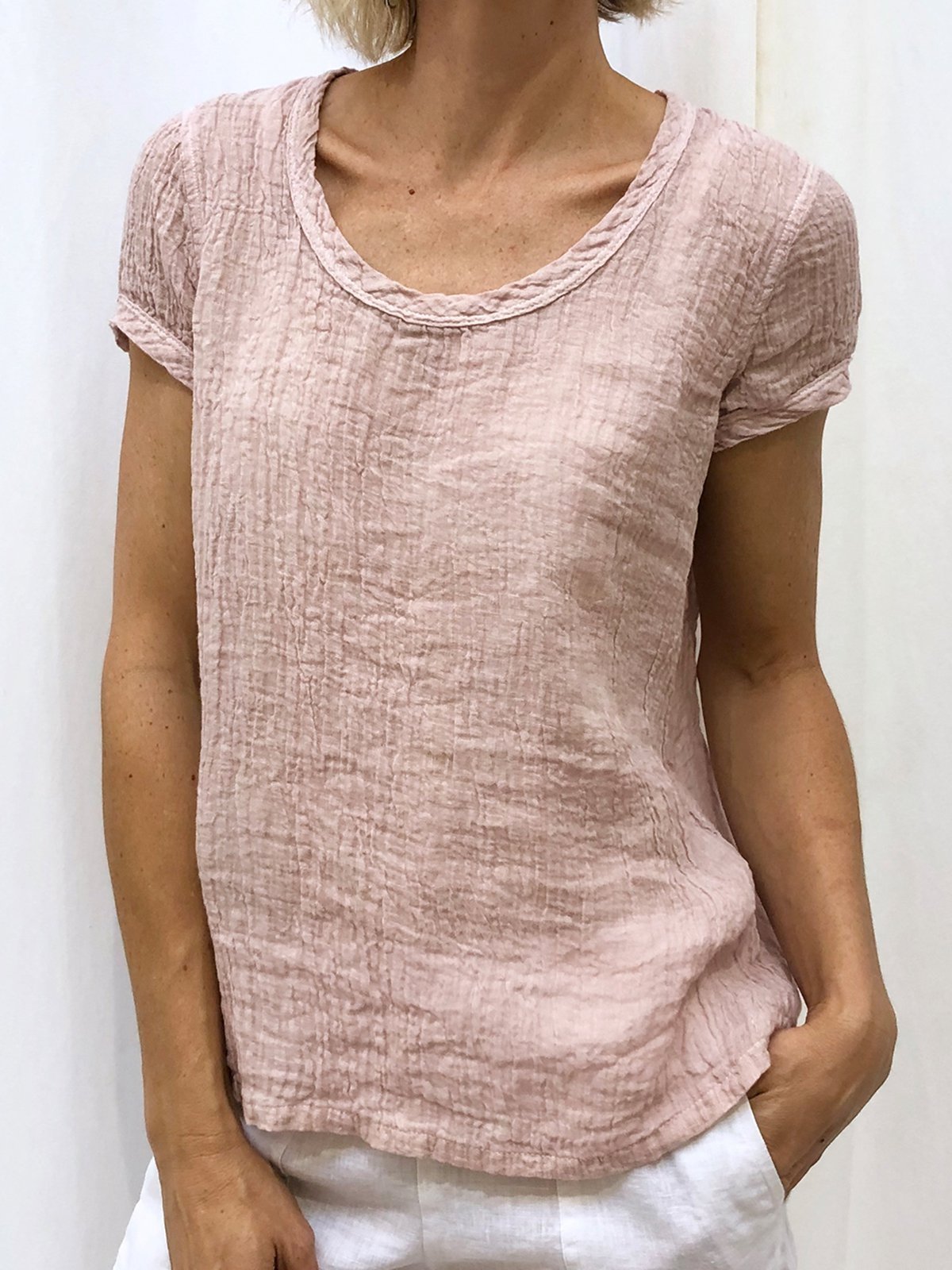 Plain Linen Short Sleeve Casual Women Blouses