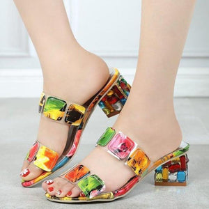 Women peep toe colorful crystal two straps heels quare chunky heel sandals
