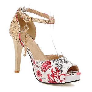 Women floral print peep toe sequin fringe stiletto high heels