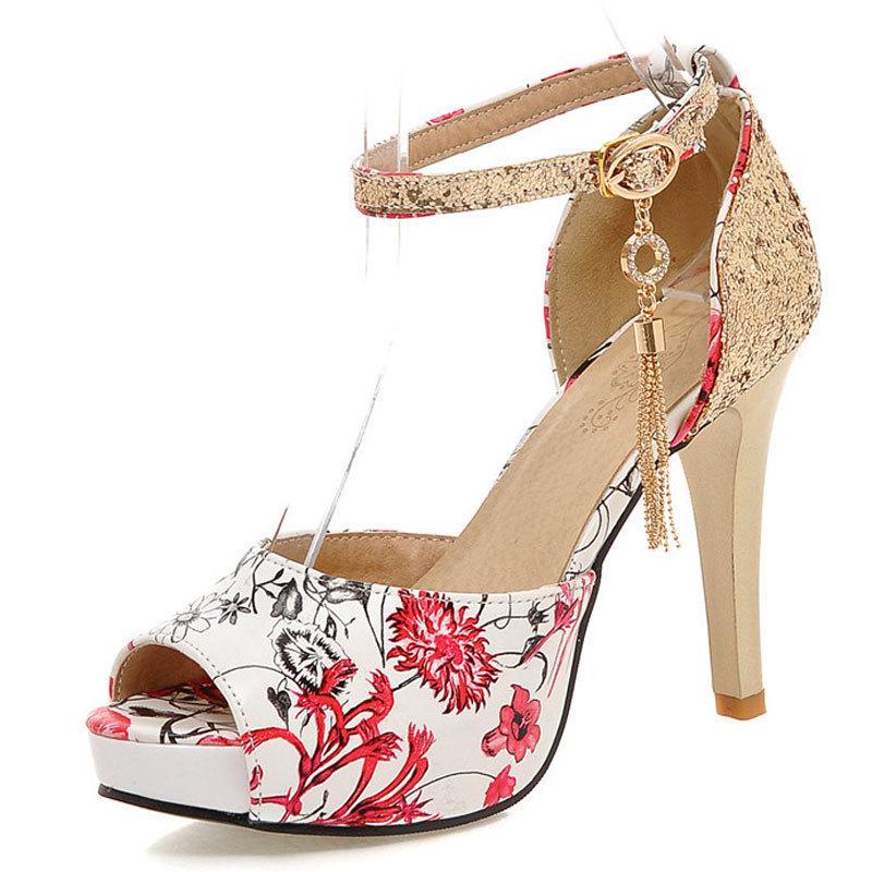 Women floral print peep toe sequin fringe stiletto high heels