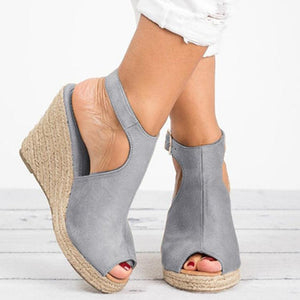 Women's peep toe espadrille platform wedge sandals with buckle strap