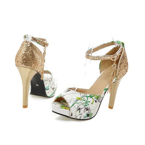 Women floral print peep toe sequin fringe stiletto high heels