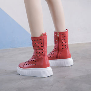 Women summer hollow breathable zipper mid calf platform boots