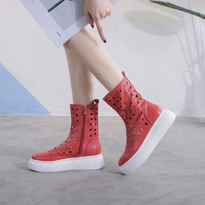 Women summer hollow breathable zipper mid calf platform boots