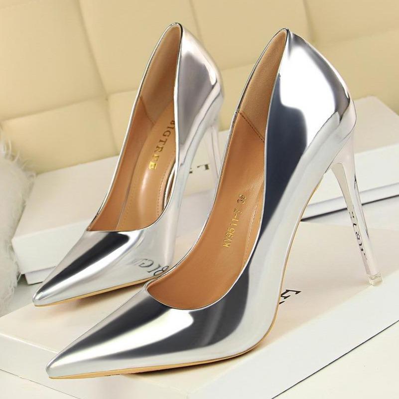 Women sexy champagne patent leather pointed toe high heel stilettos