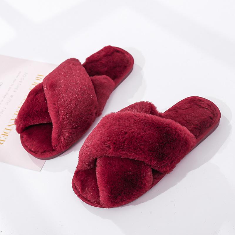 Fashion criss cross furry slippers winter warm house shoes for women