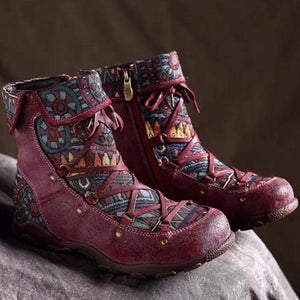 Women's ethnic floral print zipper lace-up boots retro ankle boots