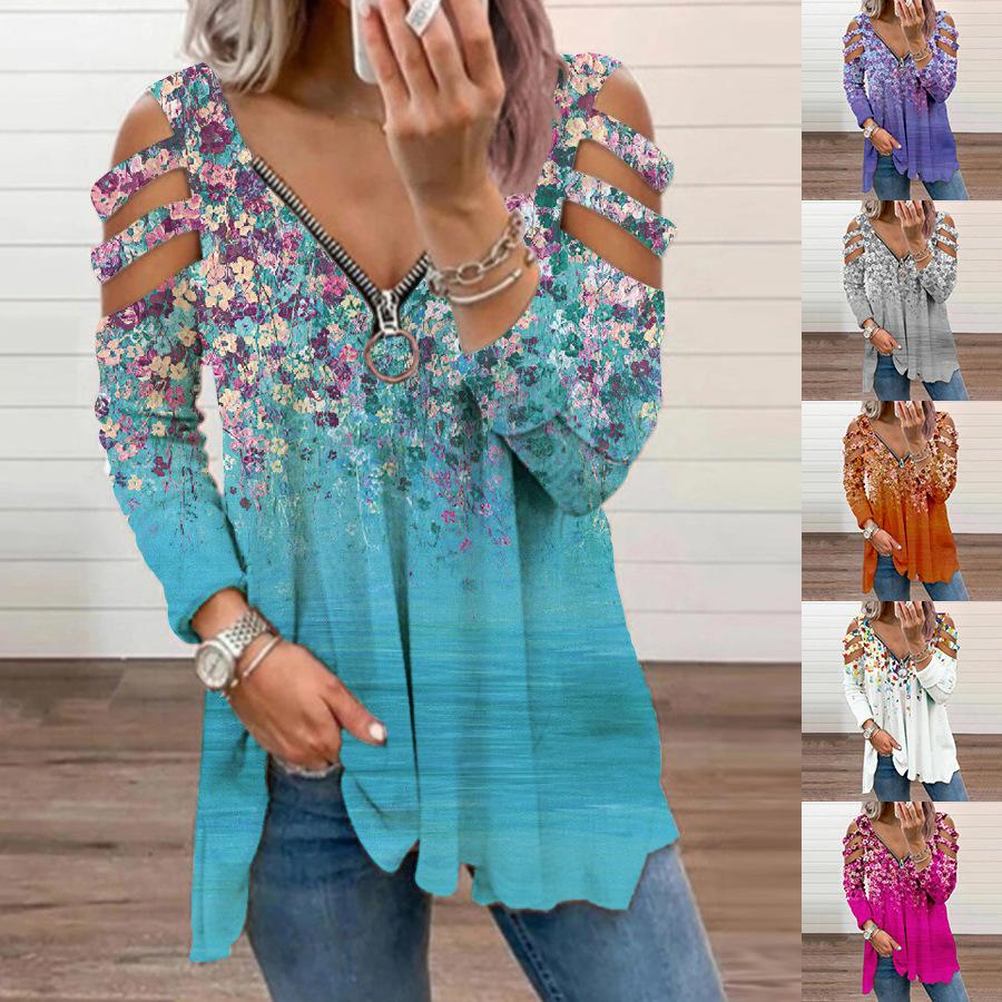 Women flowers off shoulder long sleeve zipper v neck tops