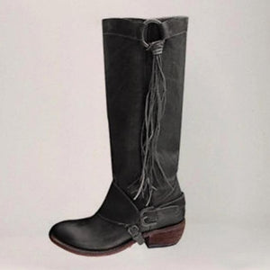 Women's knee high fringe boots low heel biker boots with tassels