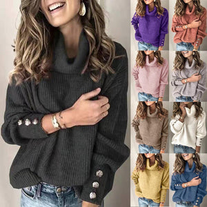 Women Plus Size Rivet Long Sleeve Plain Turtle Sweater