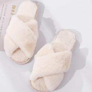 Fashion criss cross furry slippers winter warm house shoes for women