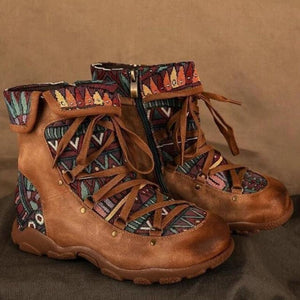 Women's ethnic floral print zipper lace-up boots retro ankle boots
