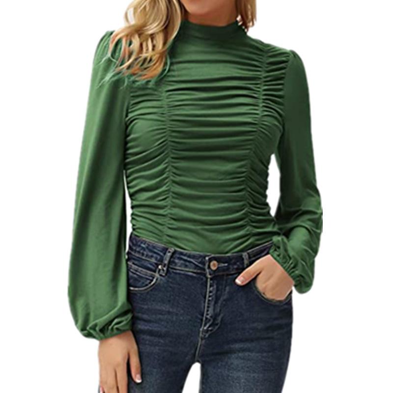 Women slim fit pleated lantern long sleeve tops