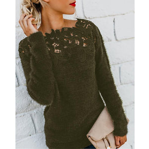 Women lace flower hollow solid color pullover sweater