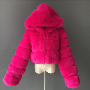 Women hooded cropped solid color long sleeve faux fur coat