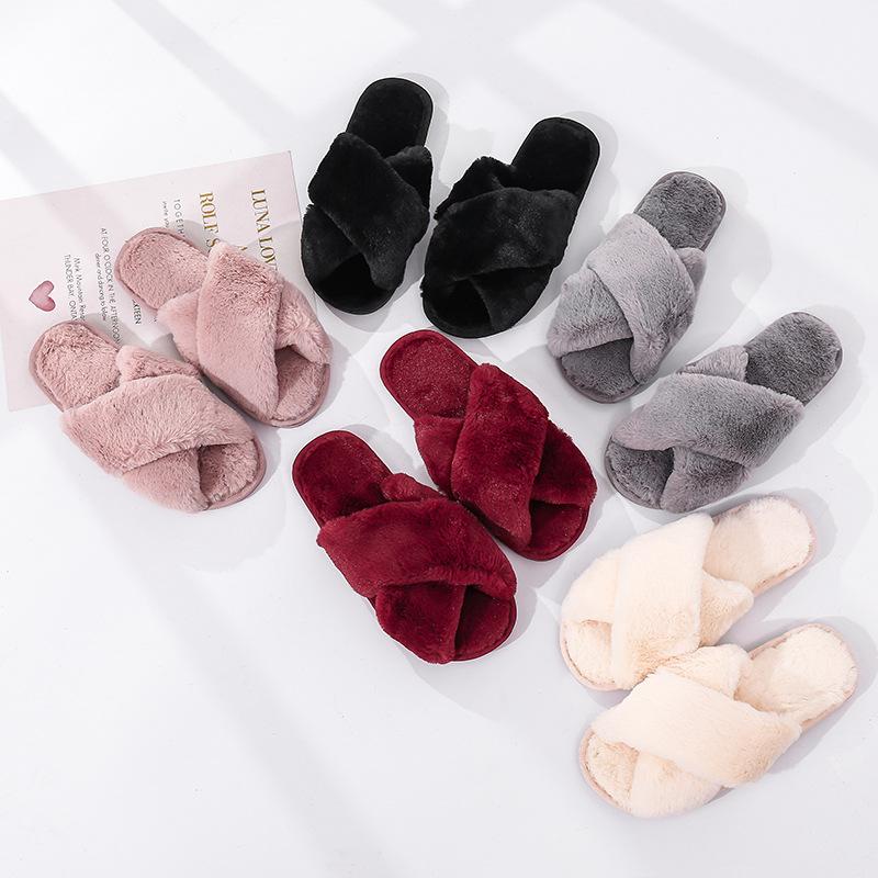 Fashion criss cross furry slippers winter warm house shoes for women