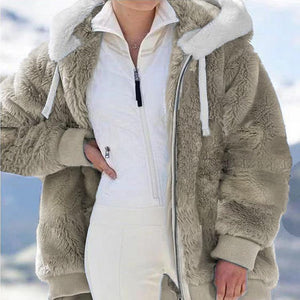 Women winter solid color drawstring hooded faux fur coat