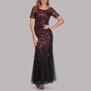 Premium flroal sequins mesh patchwork short sleeves mermaid maxi dress | Luxury evening gowns cocktail party dress