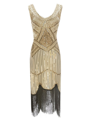Lady's Vintage 1920s Sequins Beaded Flapper Dresses | Premium V Neck Fringed Dress Banquet Costume Dress
