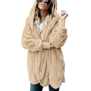 Women faux fur fleece hooded winter warm outerwear