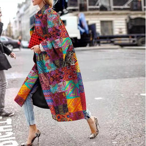 Women flower printed flare sleeve windbreaker winter fall long coat