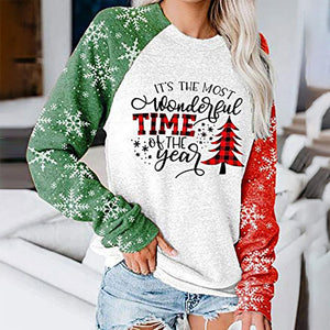 Women's Chritmas snowflake printed patchwork pullover crewneck sweatshirts