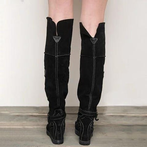 Wedge heel knee high boots suede retro ankle strap buckle long boots